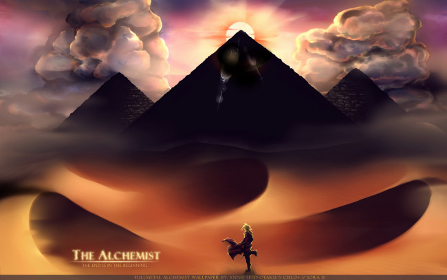 Обои картинки фото аниме, fullmetal alchemist, парень, пирамиды, пустыня, edward, elric, fullmetal, alchemist