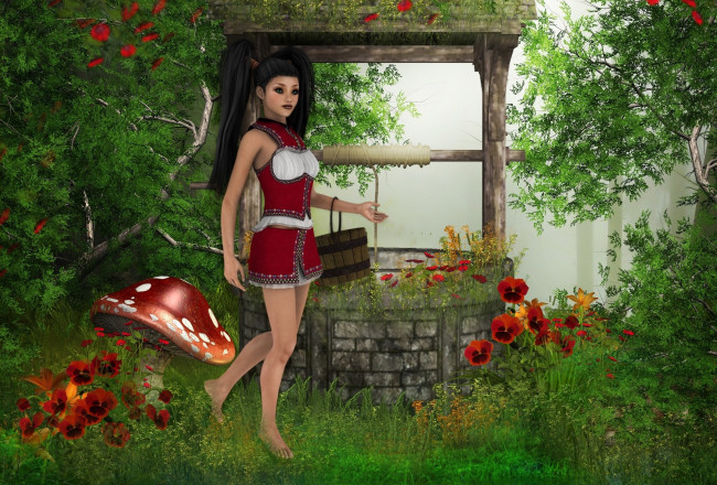 Обои картинки фото 3д графика, эльфы , elves, взгляд, трава, деревья, цветы, колодец, грибы, фон, эльфийка