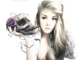 Картинка рисованное люди тату череп фон девушка роза