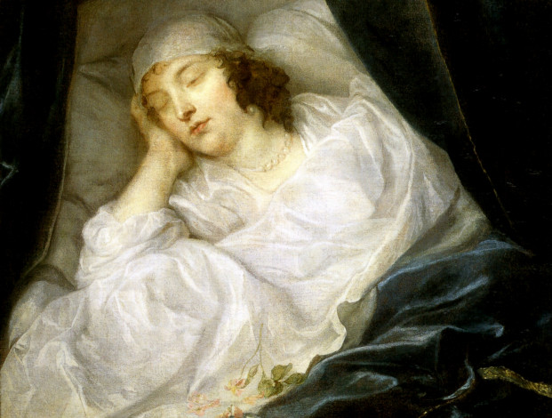 Обои картинки фото antoine van dyck - venetia,  lady digby,  sur son lit de mort  huile sur toile, рисованное, antoine van dyck, женщина, шторы, постель