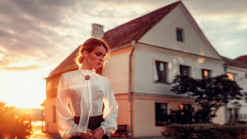 Картинка девушки -unsort+ блондинки +светловолосые вуаль блузка закат дом