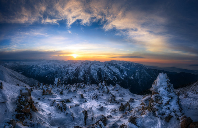 Обои картинки фото природа, горы, снег, закат