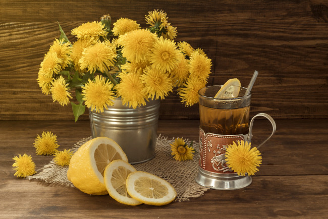 Обои картинки фото еда, натюрморт, чай, желтый, одуванчики, лимон