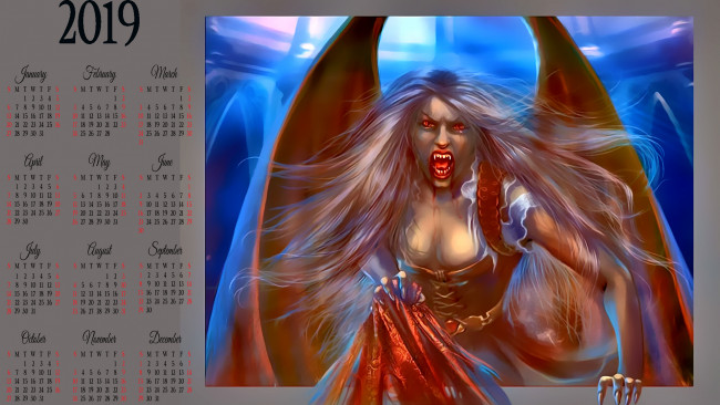 Обои картинки фото календари, фэнтези, крылья, клыки, женщина, вампир