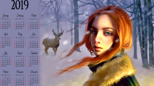Обои картинки фото календари, фэнтези, лицо, деревья, девушка, олень
