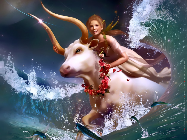 Обои картинки фото календари, фэнтези, волна, рыба, девушка, женщина, животное, рога, бык, calendar, 2020