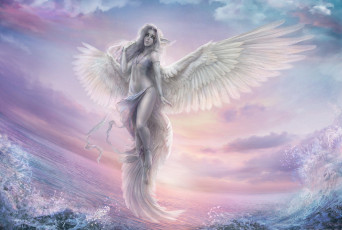 Картинка фэнтези ангелы девушка фон полет крылья волна