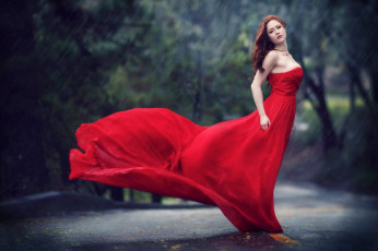обоя девушки, - рыжеволосые и разноцветные, дождь, рыжие, волосы, красное, платье