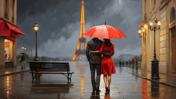 обоя рисованное, живопись, девушка, город, дождь, париж, зонт, пара, мужчина, эйфелева, башня, ии-арт, нейросеть