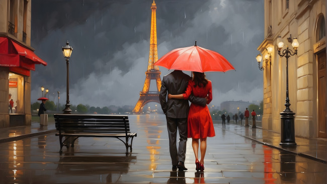 Обои картинки фото рисованное, живопись, девушка, город, дождь, париж, зонт, пара, мужчина, эйфелева, башня, ии-арт, нейросеть