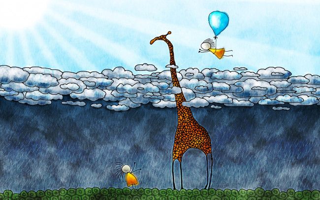 Обои картинки фото рисованное, vladstudio, жираф, дети, тучи, дождь, шарик