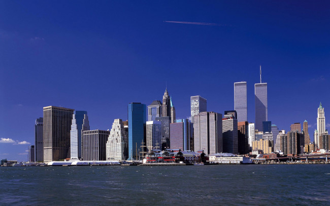 Обои картинки фото города, нью, йорк, сша, город, река, башни-близнецы, нью-йорк, небоскребы