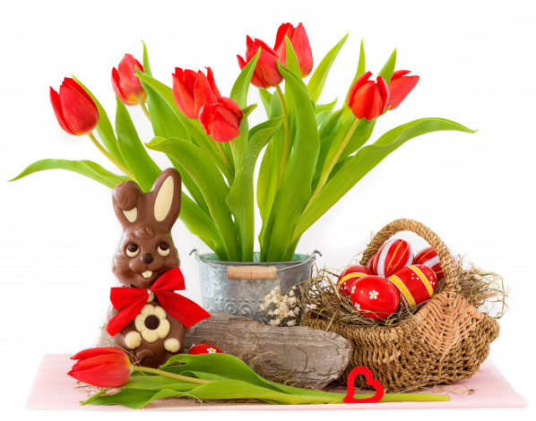Обои картинки фото праздничные, пасха, тюльпаны, яйца, red, bunny, tulips, flowers, eggs, easter