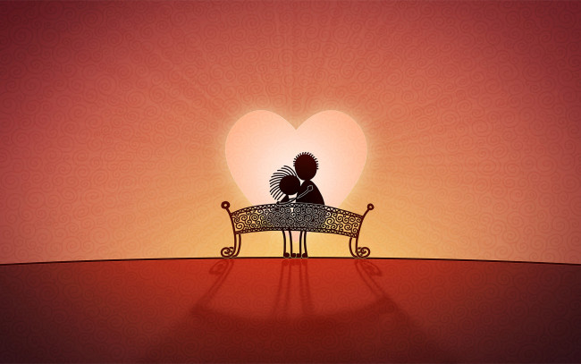 Обои картинки фото векторная графика, лавка, влюбленные, сердце, пара, любовь, сияние, скамейка