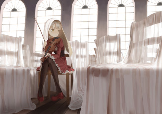 Картинка аниме музыка зал музыкальный инструмент скрипка девушка throtem арт вуаль накидка стулья окна