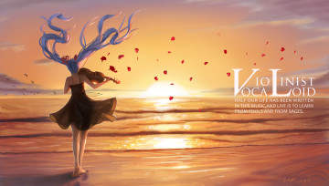 Картинка аниме vocaloid музыка скрипка песок розы лепестки девушка закат арт wei-ji hatsune miku