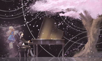 Картинка аниме shigatsu+wa+kimi+no+uso дерево сакура пианино парень arima kousei shigatsu wa kimi no uso miyazono kawori девушка