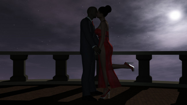 Обои картинки фото 3д графика, романтика , romantics, ночь, балкон, фон, мужчина, поцелуй, взгляд, девушка, звезды, луна