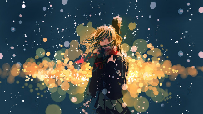 Обои картинки фото аниме, музыка, арт, фон, огни, снег, гитара, девушка, ruru, tsuitta