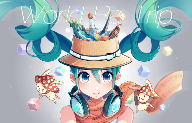 Обои картинки фото аниме, vocaloid, шляпа, взгляд, девочка, nou, hatsune, miku