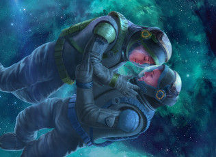 Картинка фэнтези люди звёзды нежность скафандры любовь alkion book cover космонавты
