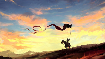Картинка фэнтези люди флаг конь воин