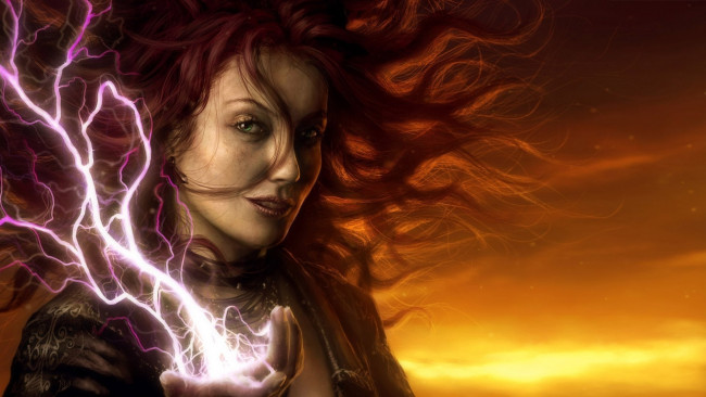 Обои картинки фото фэнтези, магия, woman, redhead, red, kumo, cloud, hair, madoshi, witch, sky, power, mahou, girl