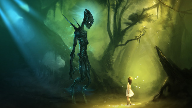 Обои картинки фото фэнтези, существа, девочка, деревья, чудовище, лес