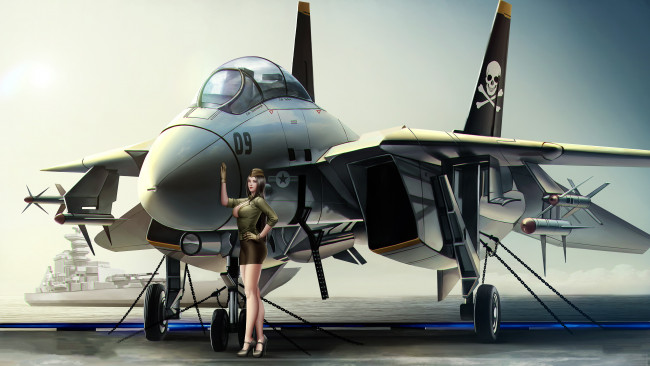 Обои картинки фото рисованное, армия, девушка, фон, самолет