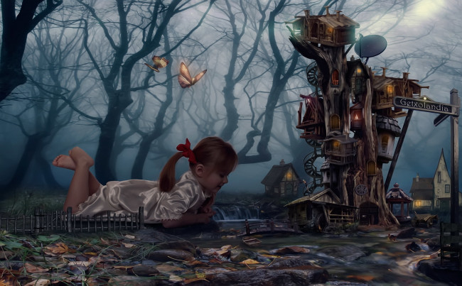 Обои картинки фото фэнтези, фотоарт, девочка, мечта, сон, лес, бабочка, дом, дерево