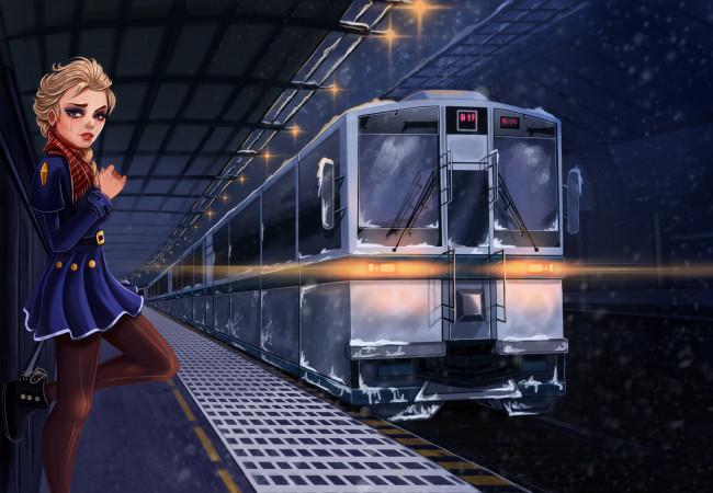Обои картинки фото рисованное, люди, девушка, фон, взгляд, поезд