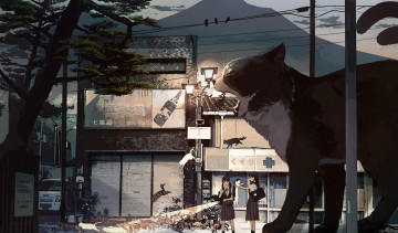 Картинка аниме животные +существа коты девочки фонарь здание