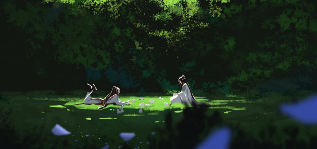 Обои картинки фото аниме, mo dao zu shi, вэй, усянь, лань, ванцзы, поляна, кролики