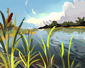 Картинка рисованное природа камыши озеро