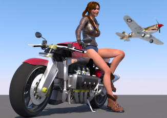 обоя мотоциклы, 3d, девушка, мотоцикл