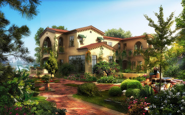 Картинка 3д+графика architecture+ архитектура дом сад кусты деревья пейзаж