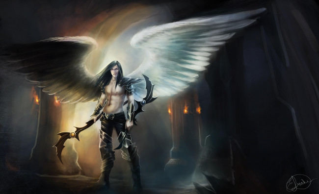Обои картинки фото фэнтези, ангелы, парень, крылья, взгляд, демон, ангел, арт, фантастика, оружие