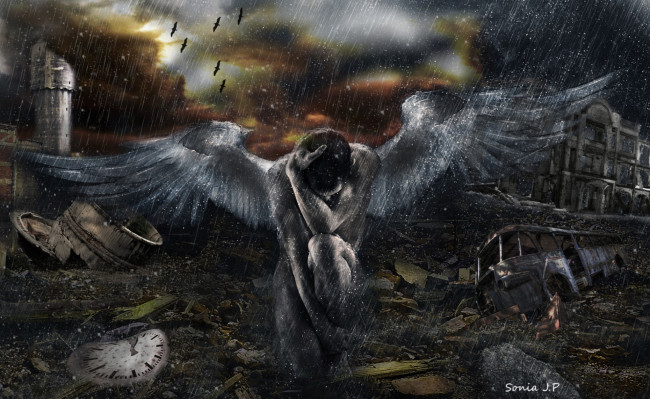 Обои картинки фото фэнтези, фотоарт, ангел, разруха, крылья, скорбь