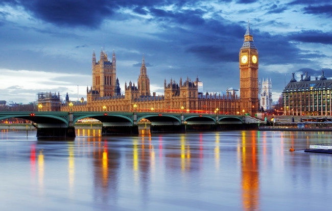 Обои картинки фото города, лондон , великобритания, дома, мост, река, биг, бен, лондон, огни, фонари