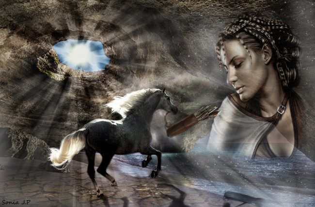 Обои картинки фото фэнтези, фотоарт, лошадь, стрелы, девушка