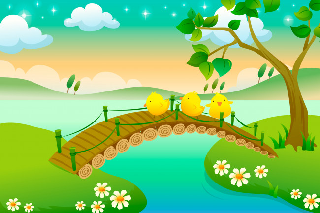 Обои картинки фото векторная графика, мост, цыплята, вода, река, дерево, цветы, небо