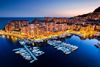 Картинка фонвьей+монако города монако+ монако фонвьей огни ночь побережье дома яхты причалы