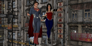Картинка 3д+графика фантазия+ fantasy супермен полет парень фон взгляд девушка