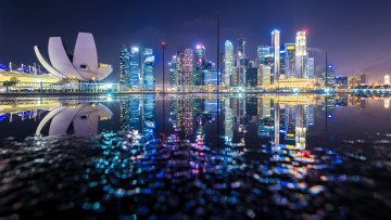 Картинка города сингапур+ сингапур ночь отражения огни вечер