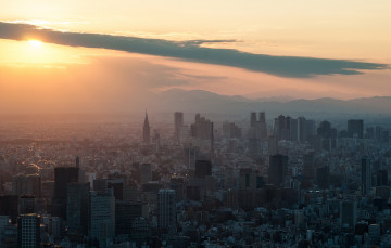 обоя города, токио , Япония, небоскребы, закат, tokyo, skytree, shinjuku, sunset, солнце, токио, здания
