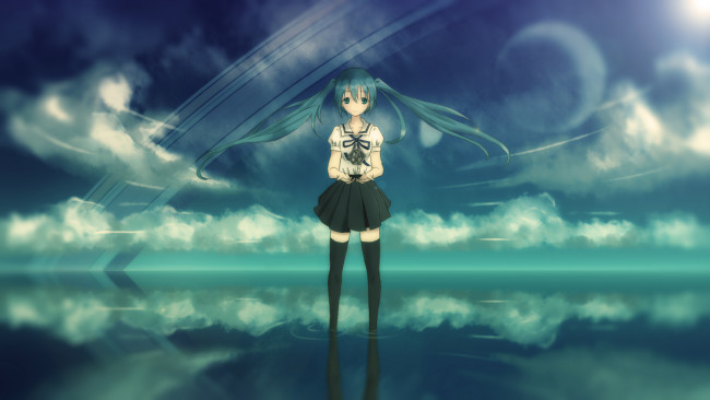 Обои картинки фото аниме, vocaloid, hatsune, miku, облака, отражение, девушка, небо, арт, вода
