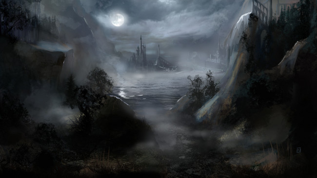 Обои картинки фото фэнтези, пейзажи, замок, ночь, луна, вода, туман