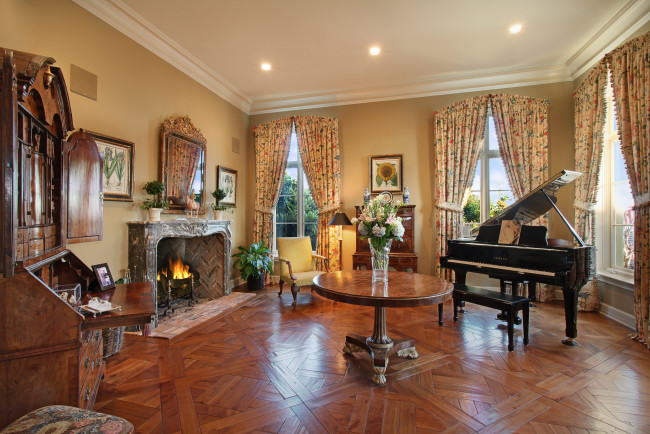 Обои картинки фото интерьер, гостиная, стол, рояль, камин