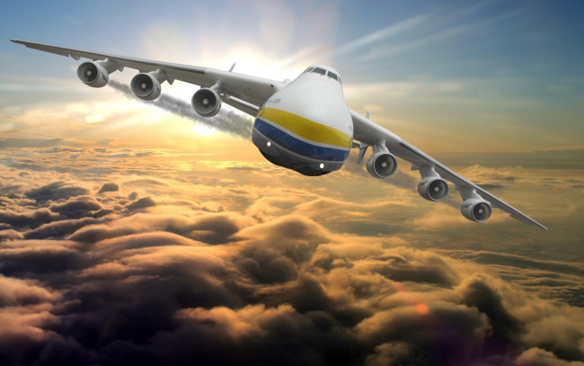 Обои картинки фото авиация, 3д, рисованые, v-graphic, лучи, облака, небо, полет, самолет