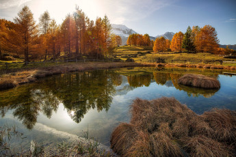 Картинка природа реки озера пруд горы свет осень отражение